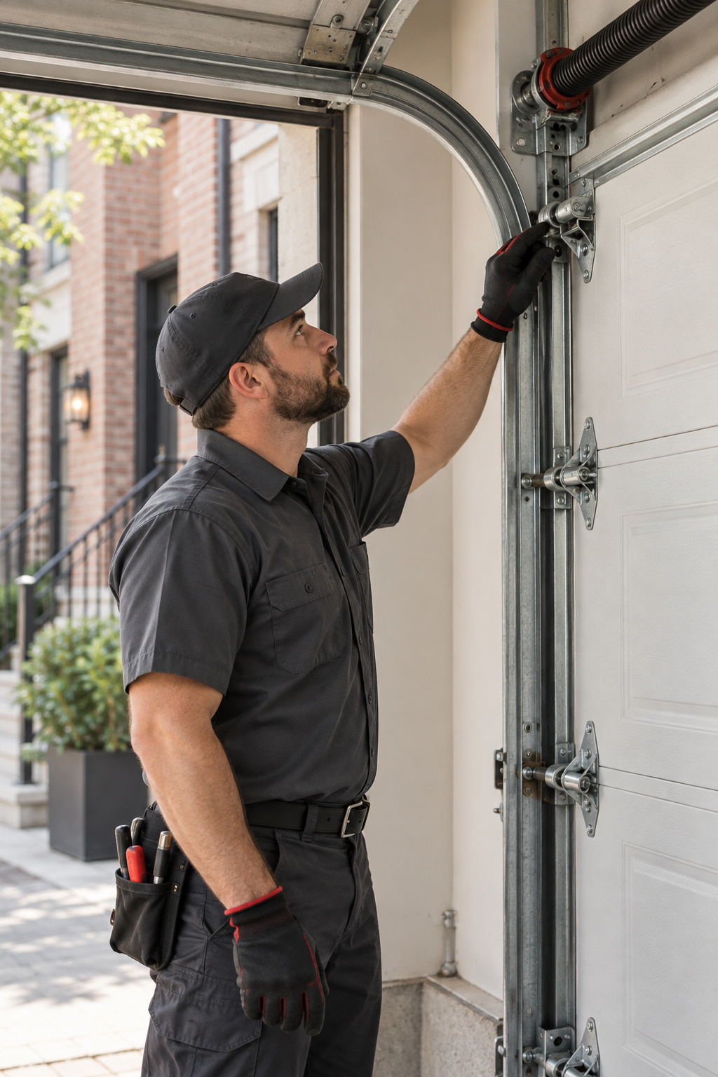 Garage door technician reviewing a service detail